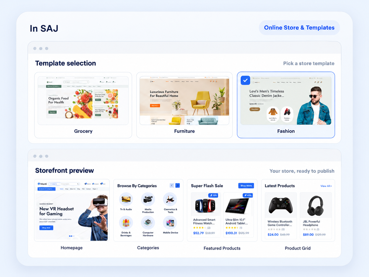 SAJ LAUNCH store templates and storefront preview for publishing an online store.