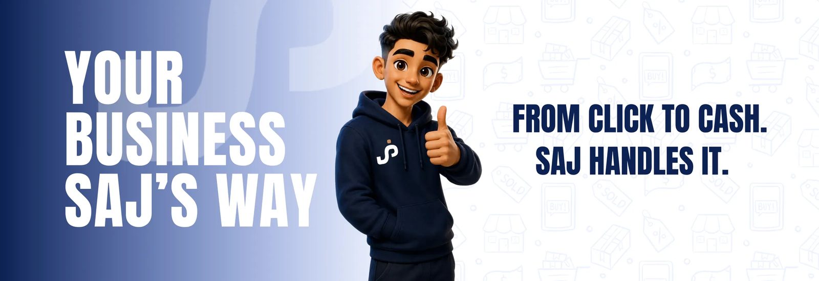 SAJ character giving a thumbs-up. Your business SAJ's way. From click to cash. SAJ handles it.