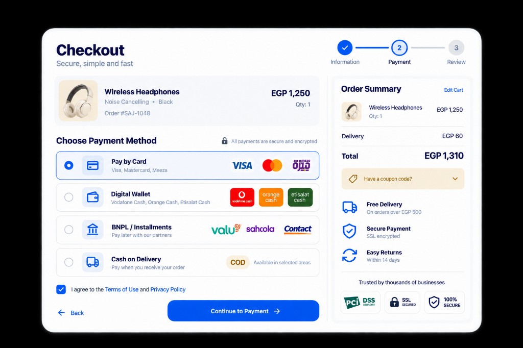SAJ checkout with card, wallet, BNPL, and cash on delivery payment options.